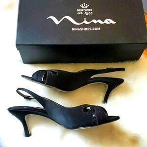 Nina Size 7.5 Black Luster Satin Heels